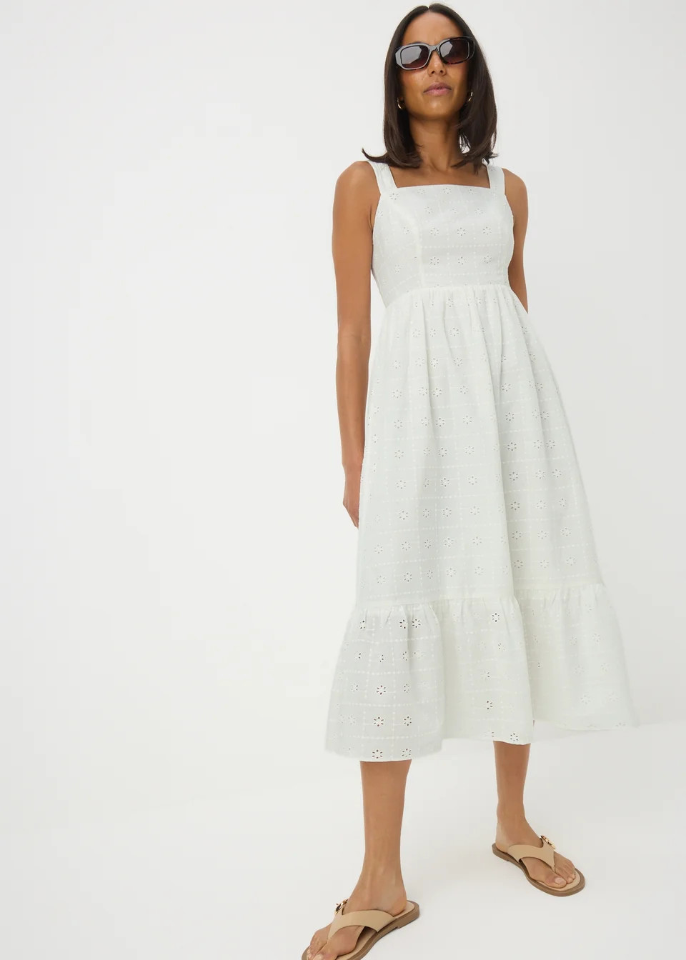 White Broderie Anglaise Square Neck Midi Dress | Matalan (UK)