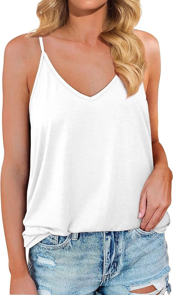 Jescakoo Womens V Neck Spaghetti Strap Tank Tops Sleeveless Shirts Loose Fit | Amazon (US)