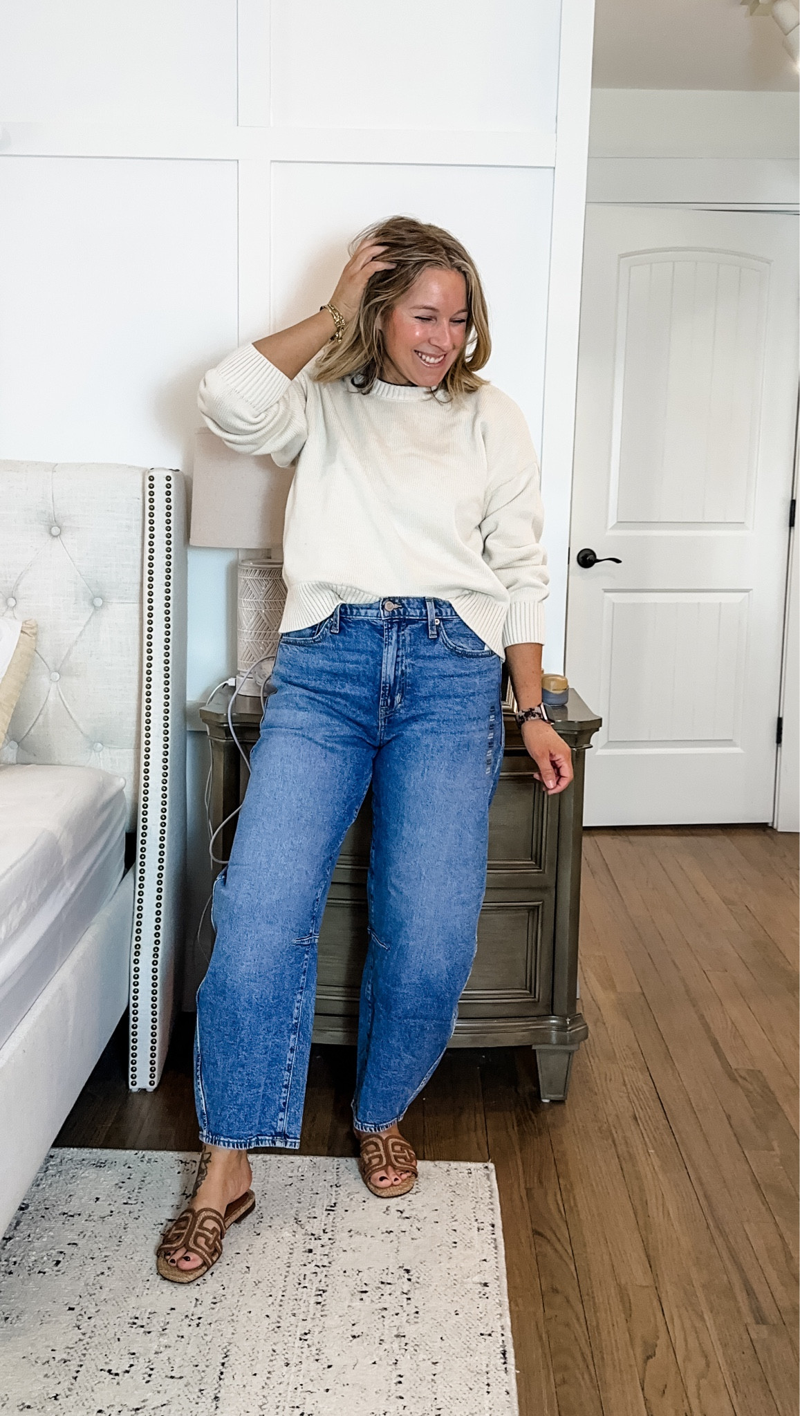 Spring Capsule Pieces that hit. 
100% cotton neutral sweater and flattering, modern barrel jeans. These sandals will be the staple shoe for the summer too. So comfy and go with everything! 
Medium sweater and tts 29 regular jeans.  

#LTKOver40 #LTKPetite #LTKootd