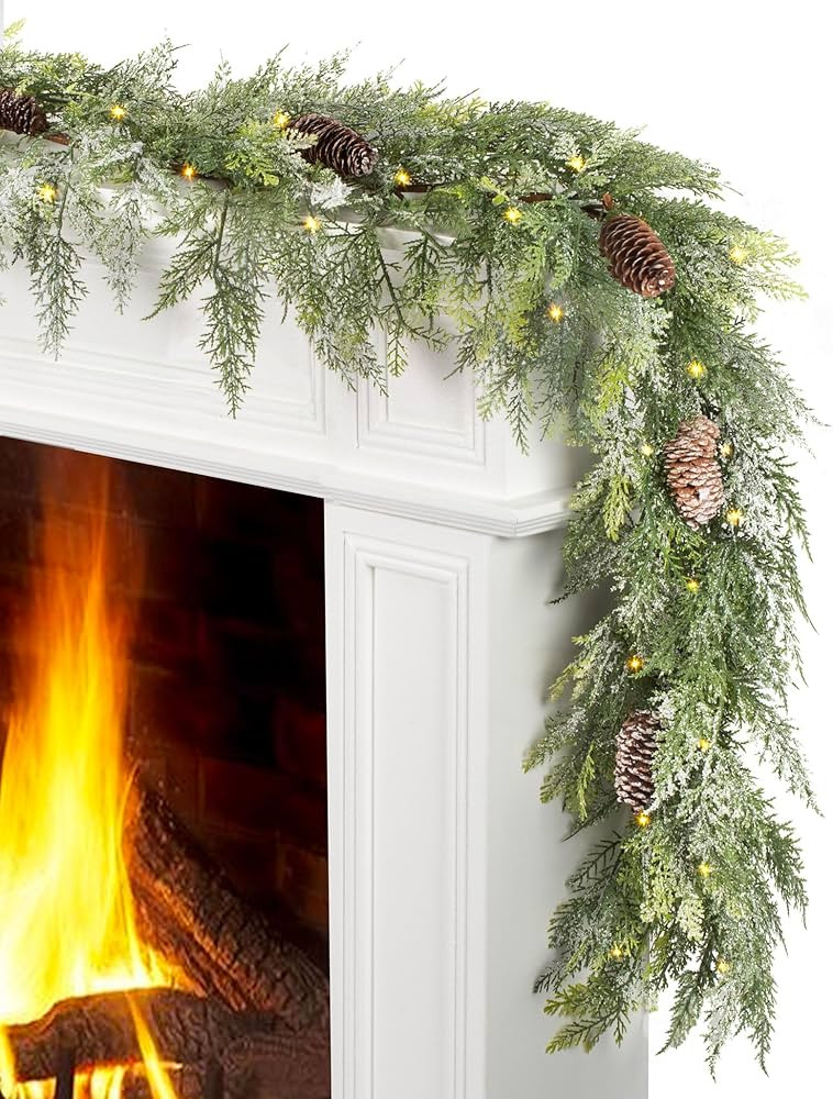 Jin&Bao 6FT Real Touch Christmas Garland with Lights, Cedar Garland Cypress Garland with Snowy Le... | Amazon (US)