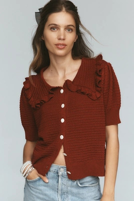 The Ainsley Ruffle-Collar Cardigan Sweater by Self Contrast: Short-Sleeve Edition | Anthropologie (US)