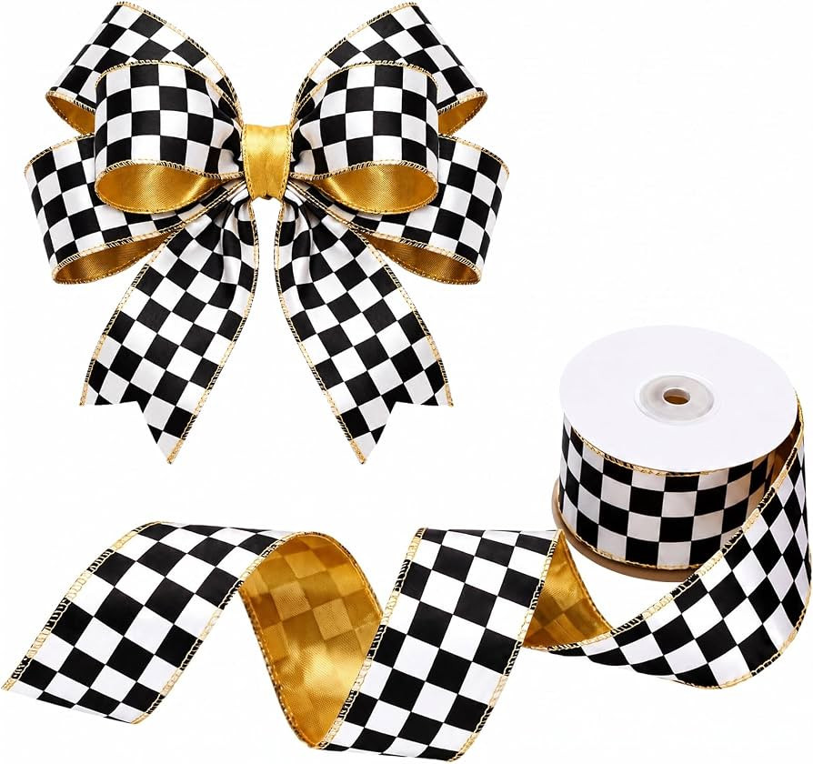 10 Yards 2" Wide Black and White Checkered Ribbons with Wired | Amazon (US)