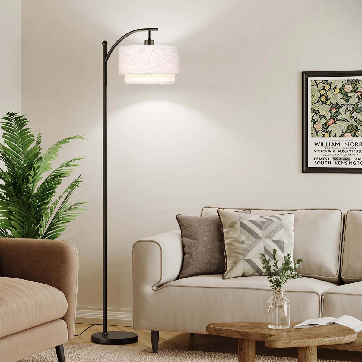Ebern Designs 62.8“ Double Linen Drum Lampshade Arc Floor Lamp & Reviews | Wayfair | Wayfair North America