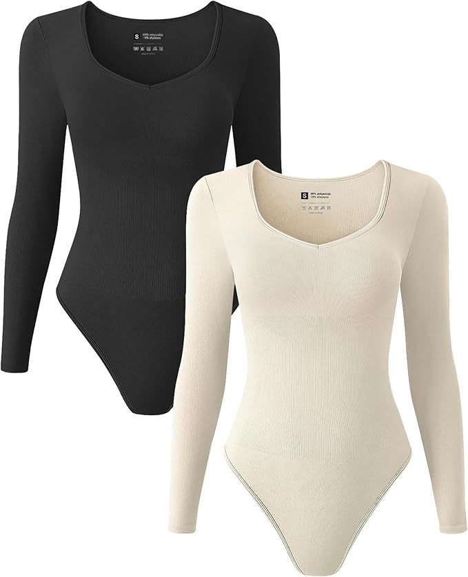 TDIFFUN Womens Long Sleeve Bodysuits Shapewear Seamless Ribbed Crew Neck One Piece Sexy Body Shap... | Amazon (US)