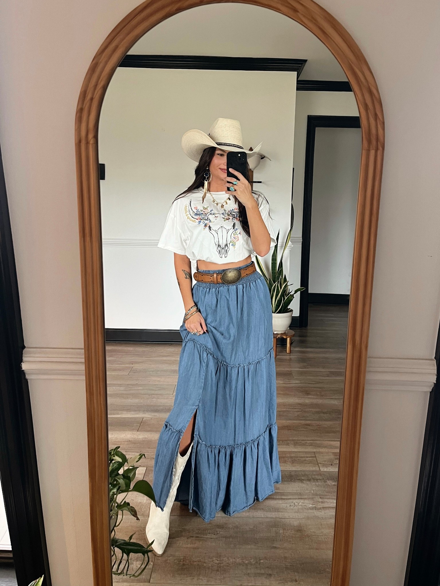 Bull skull floral graphic paired with chambray maxi skirt and ivory boots! Such a beautiful yet casual fit! Code LORI10 to save on gold jewelry from Highway hippie

Wearing medium top and xs skirt! Shirt has lots of stretch in waist 

#LTKSaleAlert #LTKgrwm #LTKootd