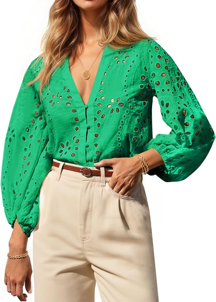 Tankaneo Womens Deep V Neck Eyelet Blouses 3/4 Balloon Sleeve Button Down Hollow Out Fall Shirts | Amazon (US)