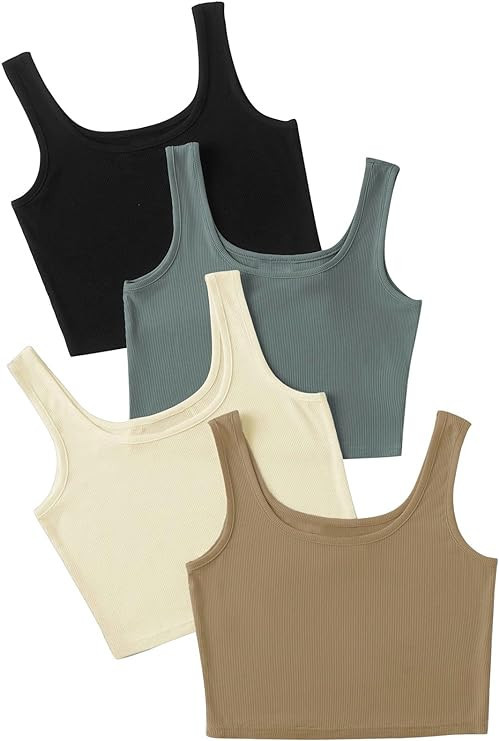 SheIn Women's 4 Pieces Scoop Neck Crop Tops Sleeveless Ribbed Knit Casual Cami Tank Top | Amazon (US)