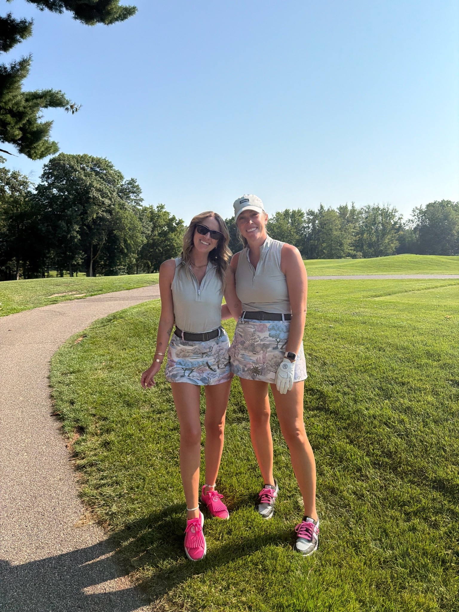 Golf scramble matching outfits 
Greyson wolf skirt and hot pink G/fore shoes 
Golfing