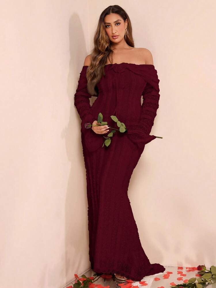 SHEIN BAE Women's Plus Size Elegant Lace Off Shoulder Flared Sleeve Mermaid Dress/Fall/Winter | SHEIN