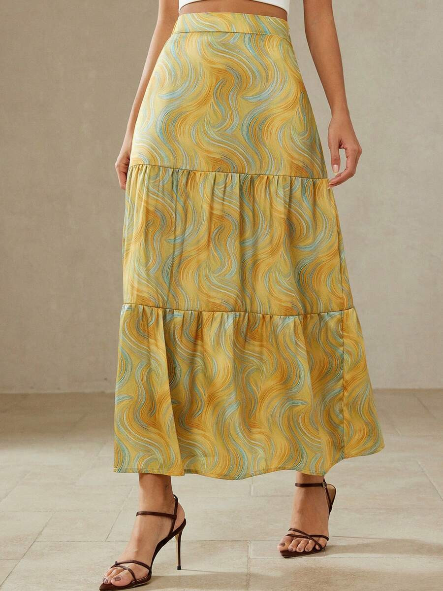 BELROSIE French Graffiti Painting Pleated Style Versatile Elegant Girlisim Vacation Maxi Skirt Go... | SHEIN