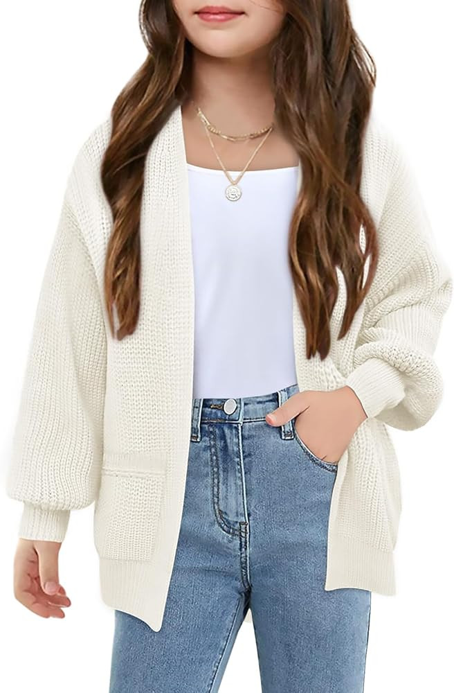 Girls Long Sleeve Cardigan Casual Open Front Lantern Sleeve Smoke Cuff Knit Sweater with Pockets ... | Amazon (US)