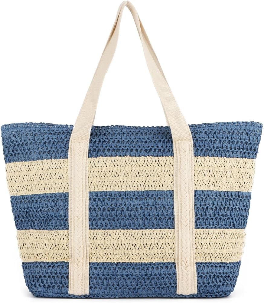 KUANG! Large Straw Beach Bag for women Stripes Woven Straw Tote Bag Summer Handbag Shoulder Bag | Amazon (US)