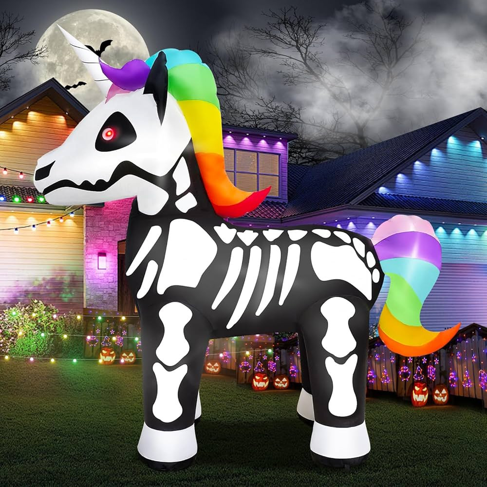 6FT Tall Halloween Inflatable Unicorn Skeleton with Colorful Hair and Tail Outdoor Decoration, Ha... | Amazon (US)