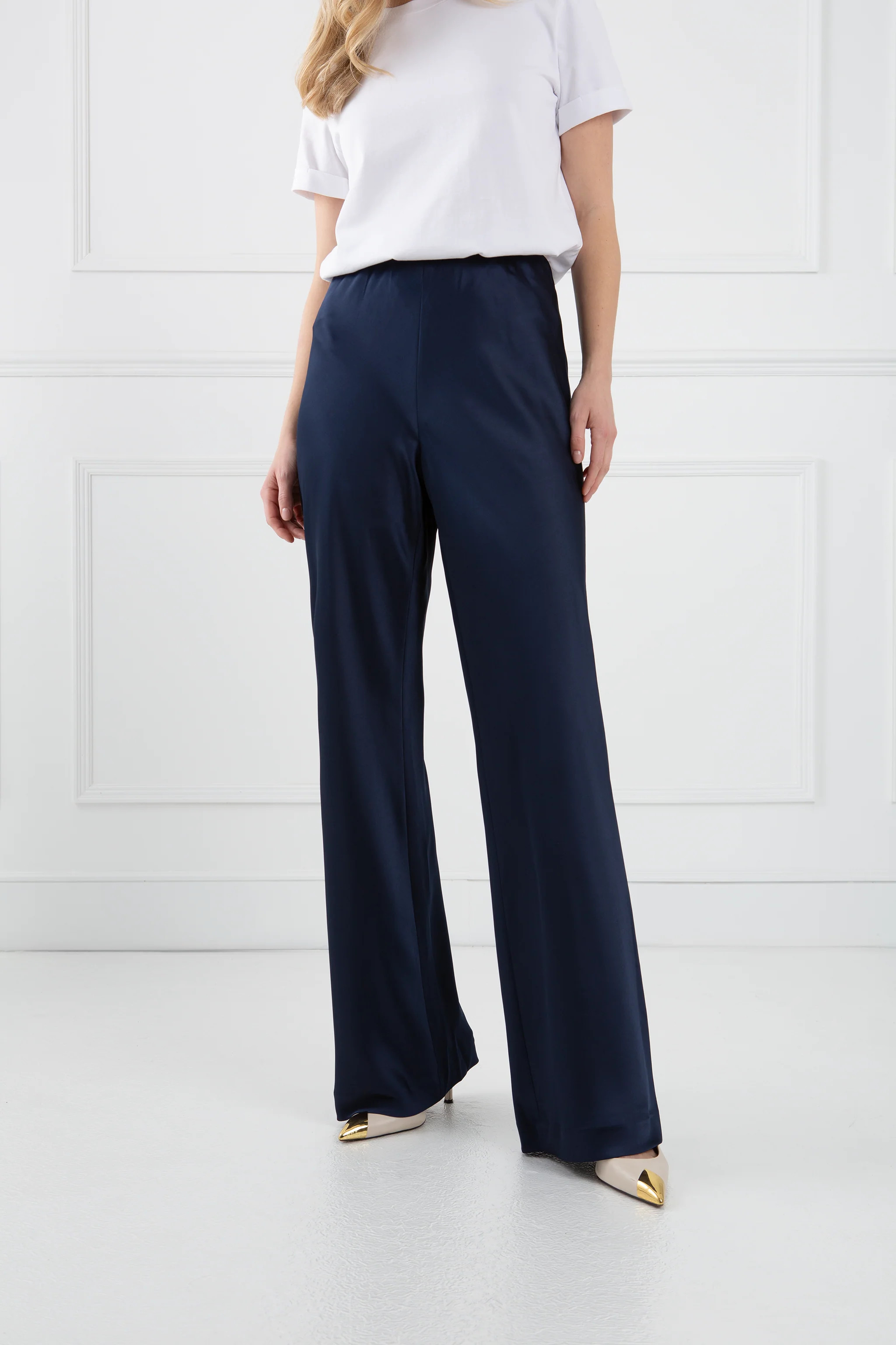 The Sandra | Navy Satin Trousers Classic Length | Sinead Keary