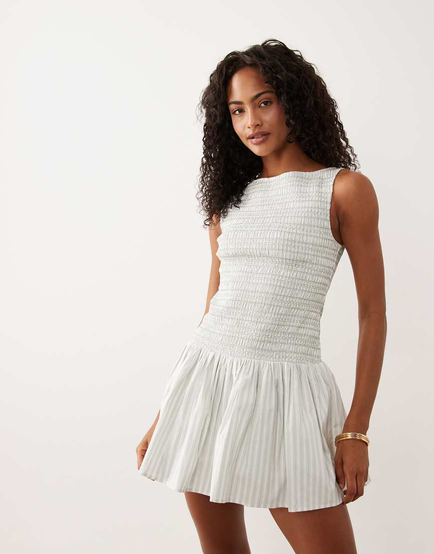 Abercrombie & Fitch slash neck smocked skort mini dress in white pinstripe | ASOS (Global)