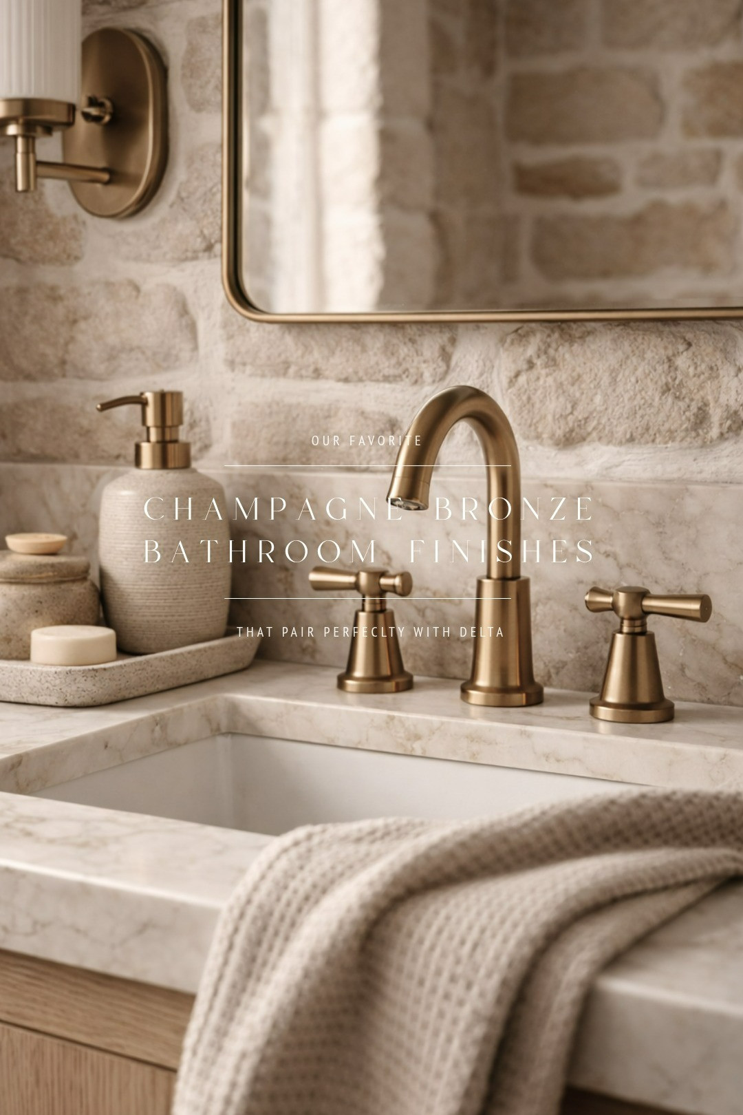 The complete list to the best bathroom finishes that pair perfectly with Delta Champagne Bronze! 🤌🏼bathroom vanity, bathroom decor, bathroom lighting, bathroom mirror, lighting fixture, sconce lights, sconce lighting, vanity light, brass bathroom faucet, gold bathroom faucet, champagne bronze bathroom, champagne bronze mirror, champagne bronze hardware, champagne bronze cabinet pulls 

 #LTKHome #LTKSaleAlert