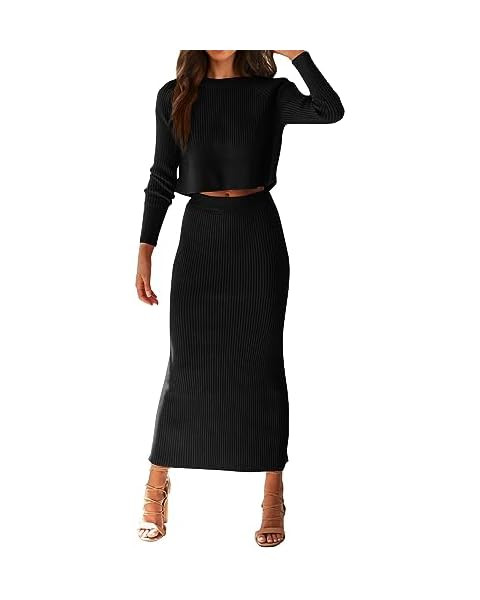 PRETTYGARDEN 2023 Fall 2 Piece Outfits For Women Rib Knit Crop Top And Slit Maxi Dress Skirt Sets... | Amazon (US)
