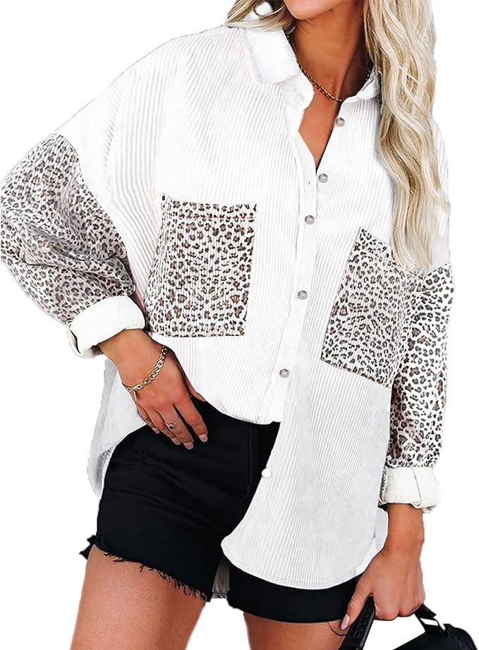 BTFBM Women Button Down Corduroy Shirts Long Sleeve Oversized Casual Pocketed Boyfriend Shacket J... | Amazon (US)