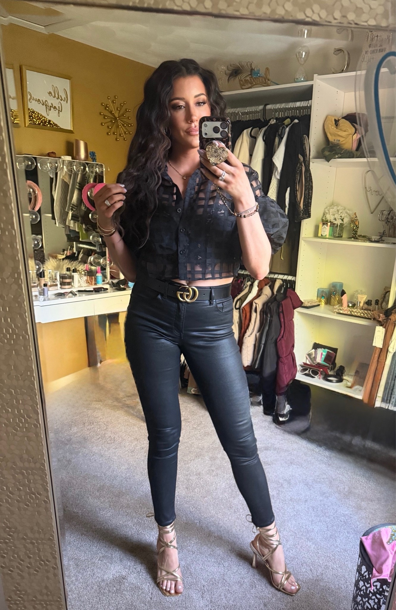 A little sheer, a little leather, and a whole lot of attitude. 🖤 

Loving the contrast of this textured grid top with coated skinny pants. Perfect for date night or girls' night out!

#LTKootd #LTKdayinmylife #LTKTall
