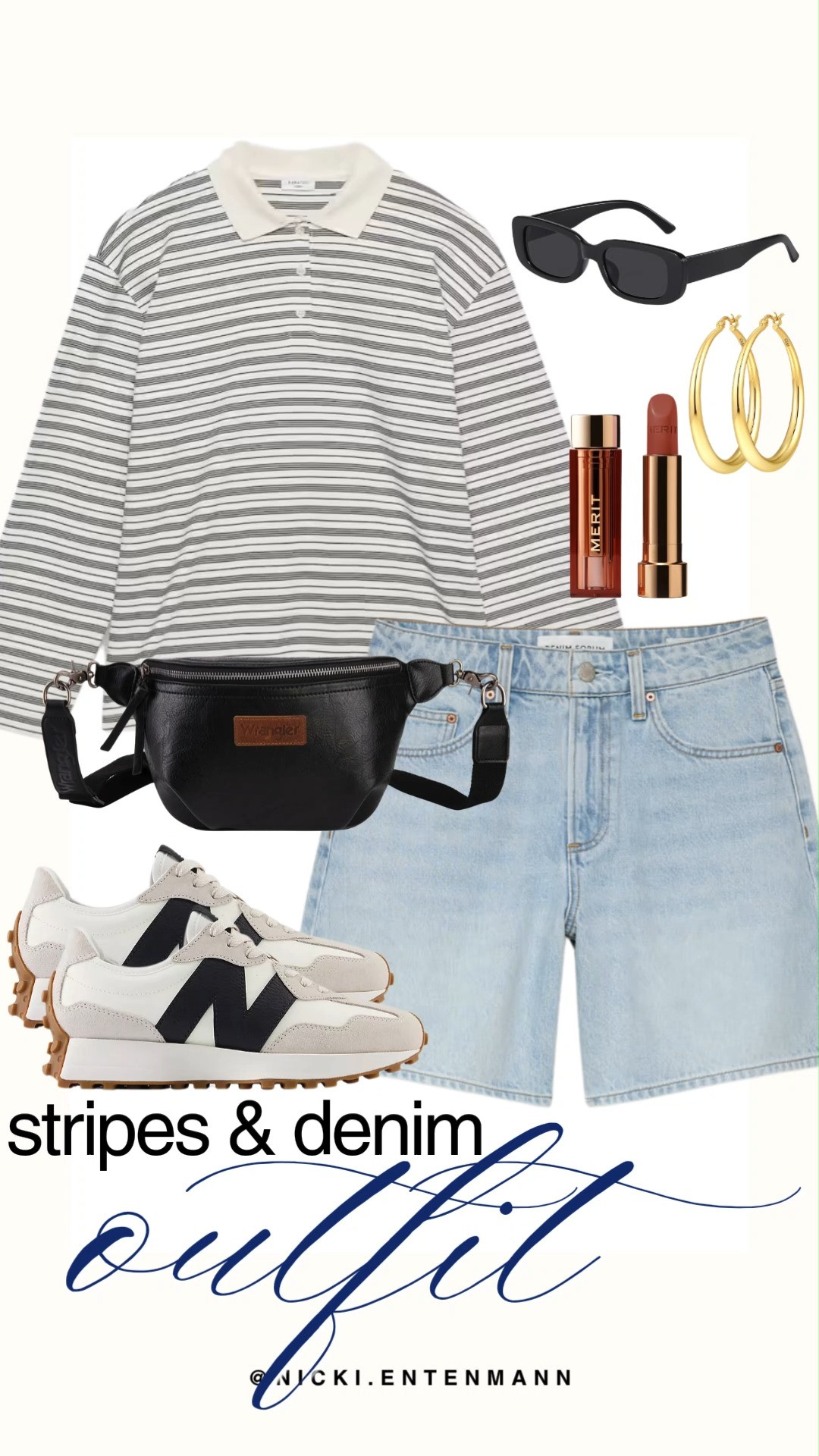Master casual street style with this stripes and denim outfit combo. A striped polo pairs with light wash denim shorts and two tone sneakers, finished with Wrangler belt bag, sunglasses, hoops, and warm lipstick. #stripesanddenim #casualoutfit #streetstyle #everydayfashion #outfitinspiration #capsulewardrobe #denimshorts #casualvibes #shoppinghaul #modernliving 👕👖🕶️ 

 #LTKdayinmylife #LTKootd #LTKSaleAlert
