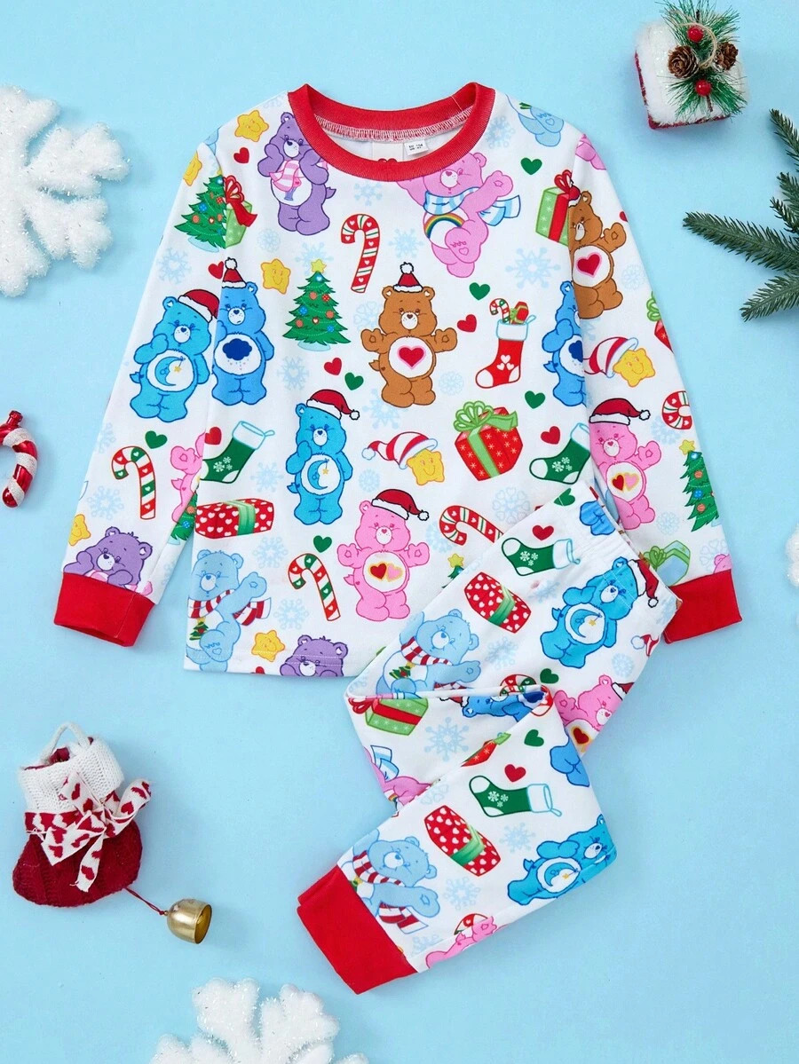 SHEIN X Care Bears Young Girls' Cartoon Christmas Colorful Rainbow Bear All-Over Print Contrast C... | SHEIN