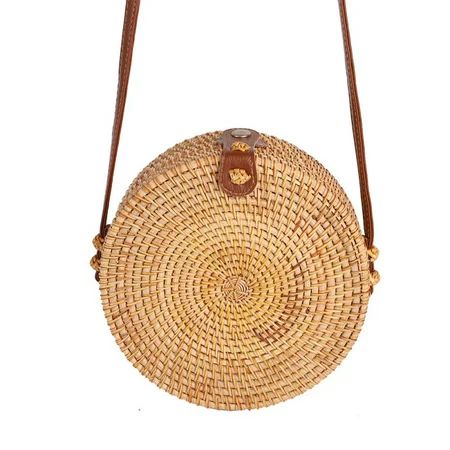 Handwoven Round Rattan Bag Shoulder Leather Straps Natural Chic Circle Handbag | Walmart (US)