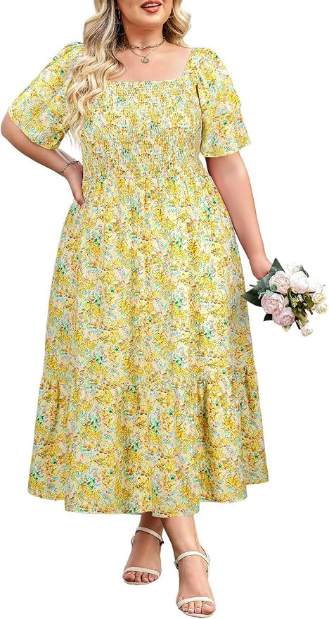 Younrui Women's Plus Size Wedding Guest Dresses with Pockets Ruffle Sleeves Square Neck Smocked W... | Amazon (US)