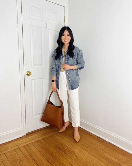 Oversized denim jacket 
Beige t-shirt (XS)
White pants (4P)
Brown bag
Tan pumps (1/2 size up)
Smart casual outfit
Spring outfit
Ann Taylor outfit
Spring work outfit
Teacher outfit
Mom outfit 

#LTKworkwear #LTKfindsunder100 #LTKstyletip