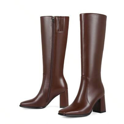 Square Toe Knee High Boots For Women Stylish Tall Boots Chunky Heel Long Boots Crocodile Boots Side Zipper | SHEIN