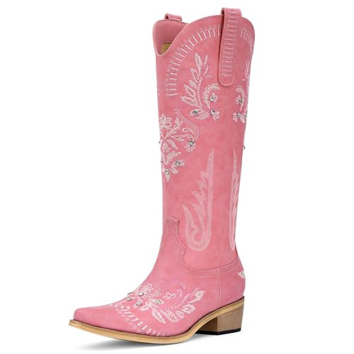 Lumeheel Pink Cowgirl Boots for Women - Sparkly Rhinestone Retro Country Western Hot Pink Cowboy Boots with Classic Embroidered, Pointed Toe Chunky Heel Pull on Vintage Pink Boots US - 9.5 | Amazon (US)