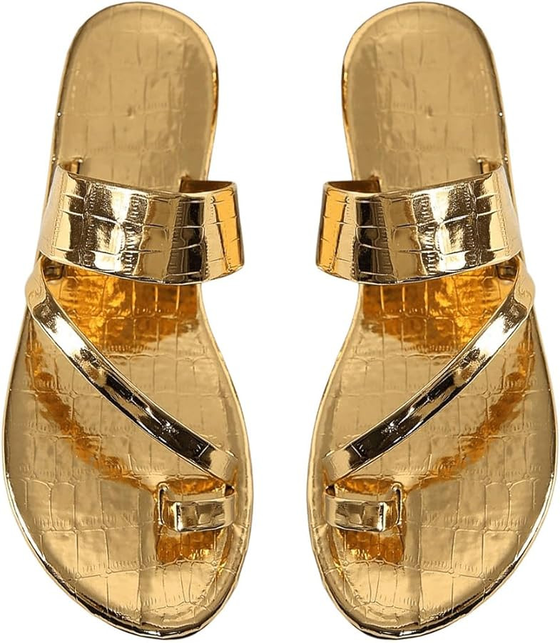 OYOANGLE Women's Metallic Leather Toe Ring Slide Sandals Comfortable Dressy Slip on Flat Sandal | Amazon (US)