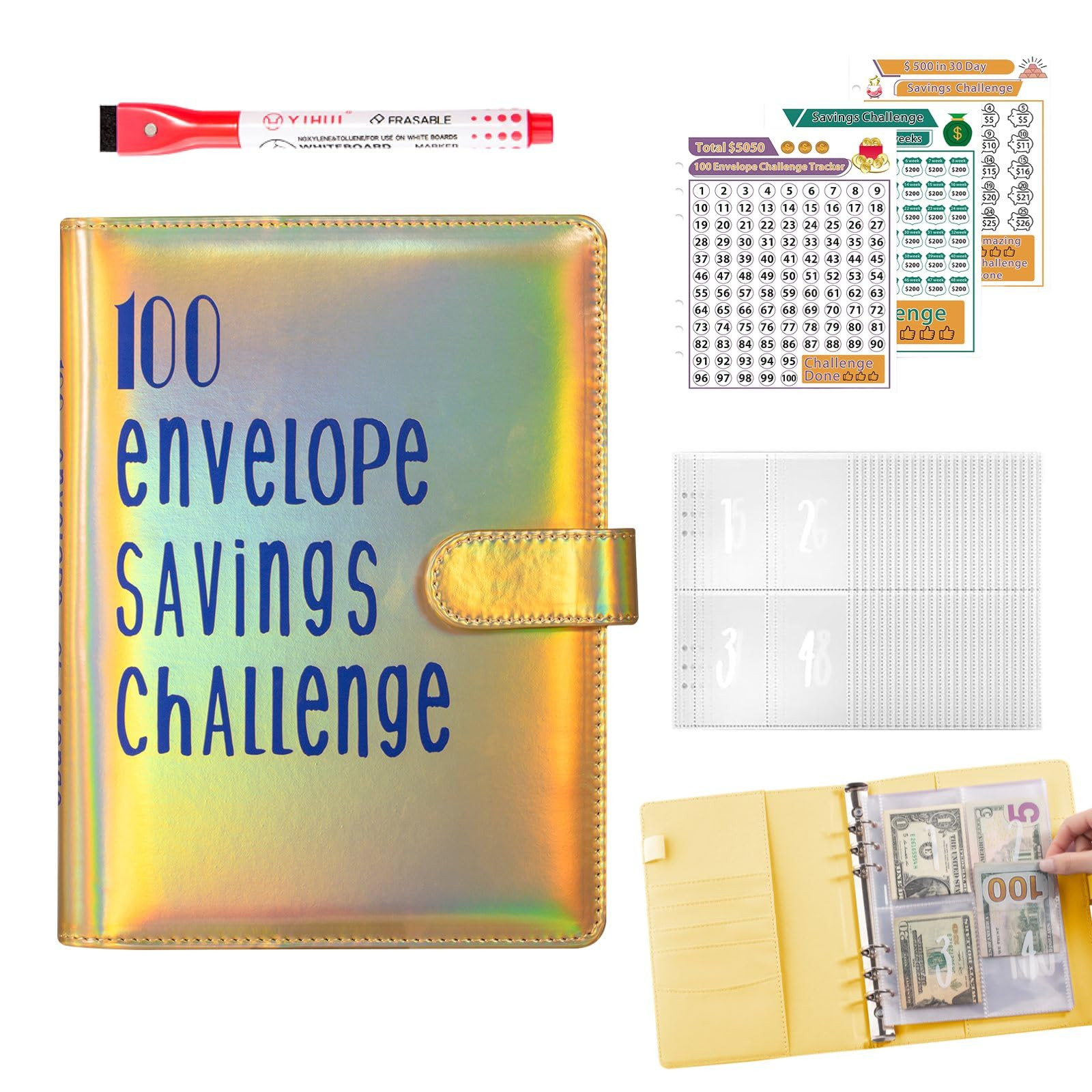 100 Envelopes Money Saving Challenge Binder, Budget Binder with Cash Envelopes, Cash Stuffing fro... | Amazon (US)