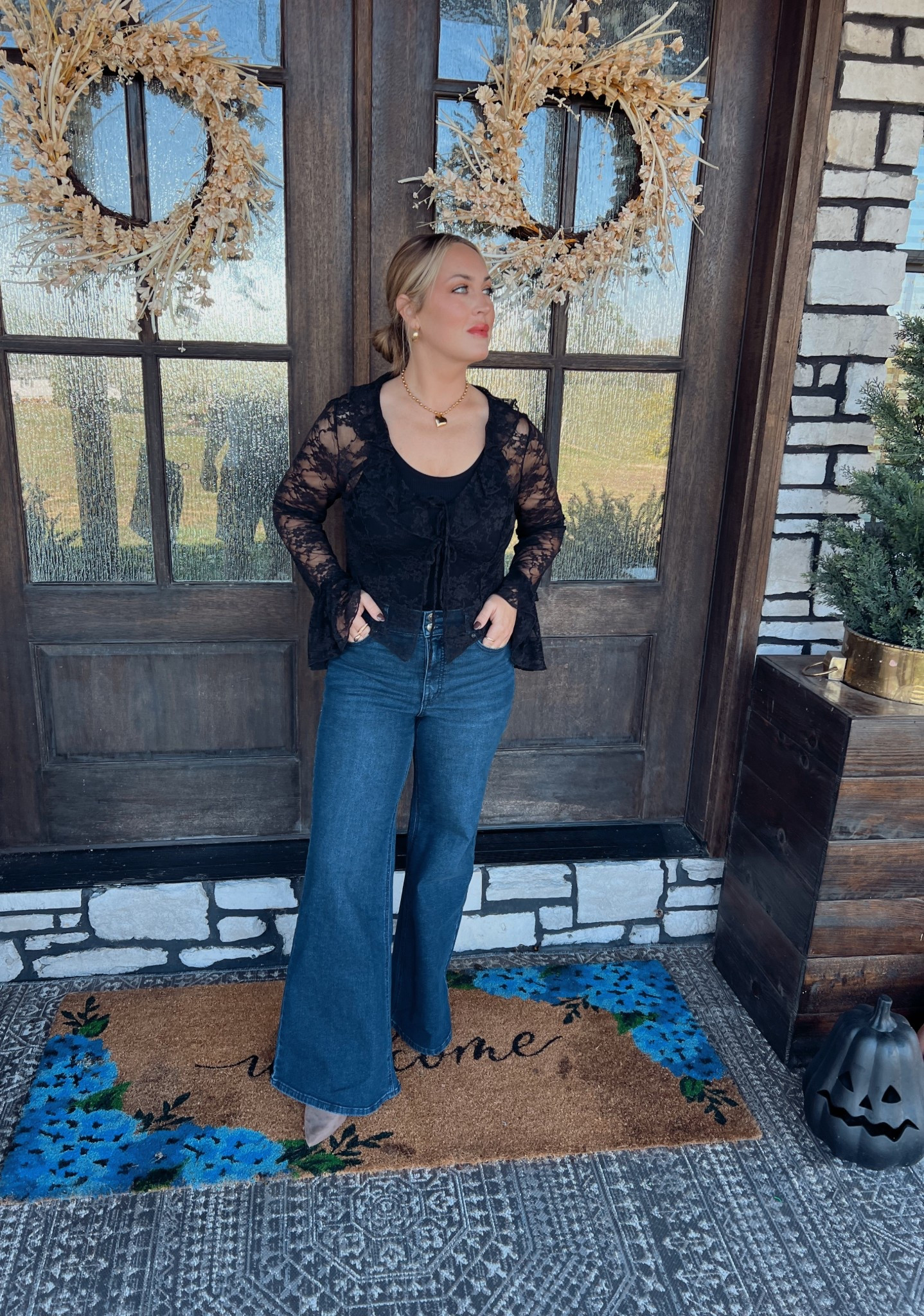 Walmart outfit goals! These wide leg jeans are so stretchy and flattering — they hug in all the right places and give the perfect shape! The black lace top is the star of the show with its delicate sleeve detail and romantic vibe! 

Walmart fashion | wide leg jeans | black lace top | stretchy denim | flattering fit | fall outfit | date night outfit | Walmart outfit inspo | affordable fashion | trendy outfit | lace sleeve top

#LTKFindsUnder50 #LTKStyleTip #LTKMidsize