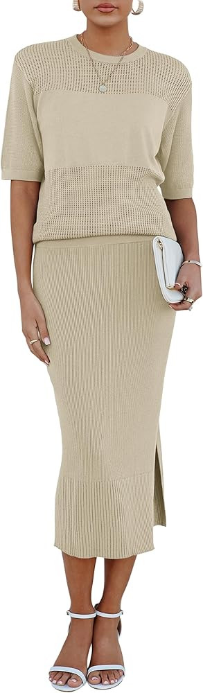 Arach&Cloz Women's Soft 2 Piece Sets Summer Crochet Top and Midi Slit Skirt Outfits 2025 | Amazon (US)