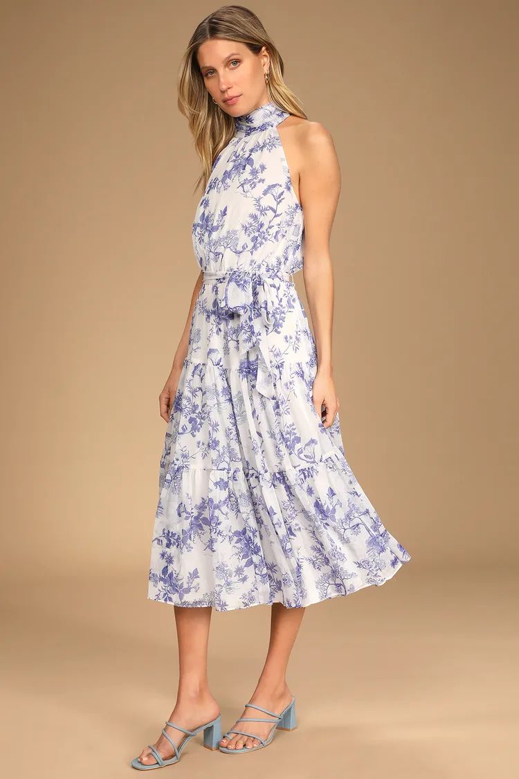 Float to You White Floral Print Halter Tiered Midi Dress | Lulus (US)