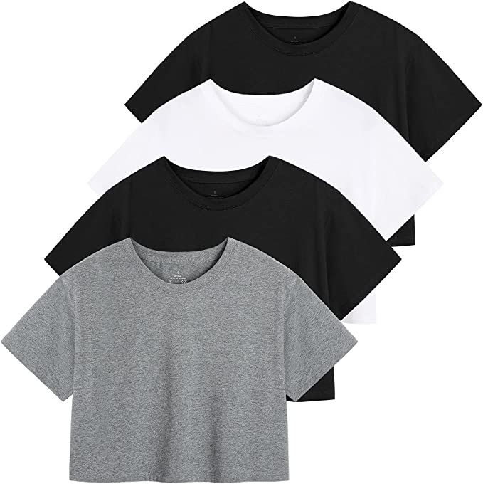 Xelky Womens Crop Casual Tops Tshirt Cotton Loose Workout Short Sleeve Round Neck Tee Yoga Runnin... | Amazon (US)