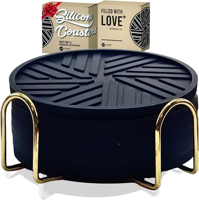 Silicone Black Coasters Set of 6 with Gold Holder - Coffee Table Decor for Home and Office, Durab... | Amazon (US)
