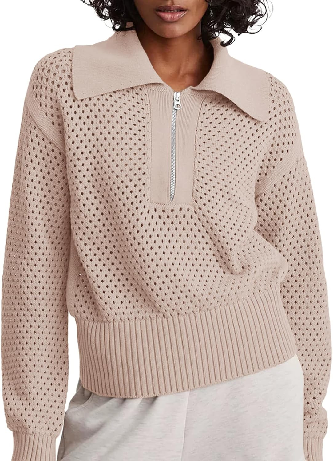 Doshoop Women's Half Zip Pullover Sweaters Crochet Lapel Collar Long Sleeve Knit Solid Color Jump... | Amazon (US)