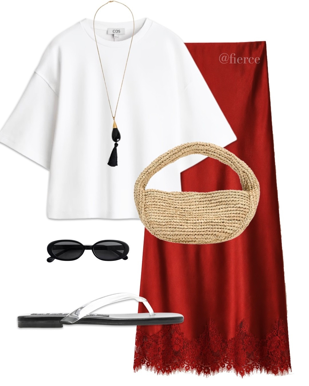 Red satin skirt white oversized tshirt mini raffia bag clear jelly sandals

#LTKuk #LTKsummer #LTKspring