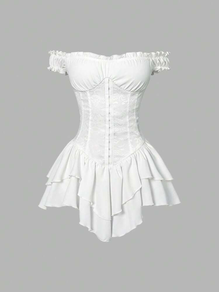 SHEIN PETITE Damen Weißes Plissiertes Jacquard Geraffter Taille Panel Rüschen Saum Off-Shoulder Lagen Volant Saum A-Linie Chiffon Mini Kleid, Elegant Für Party Und Kleine Mädchen Weißes Korsett Kleid Weißes Mini Kleid Weißes Party Outfit Korsett Kleid, Weiße Kleider Für Damen | SHEIN