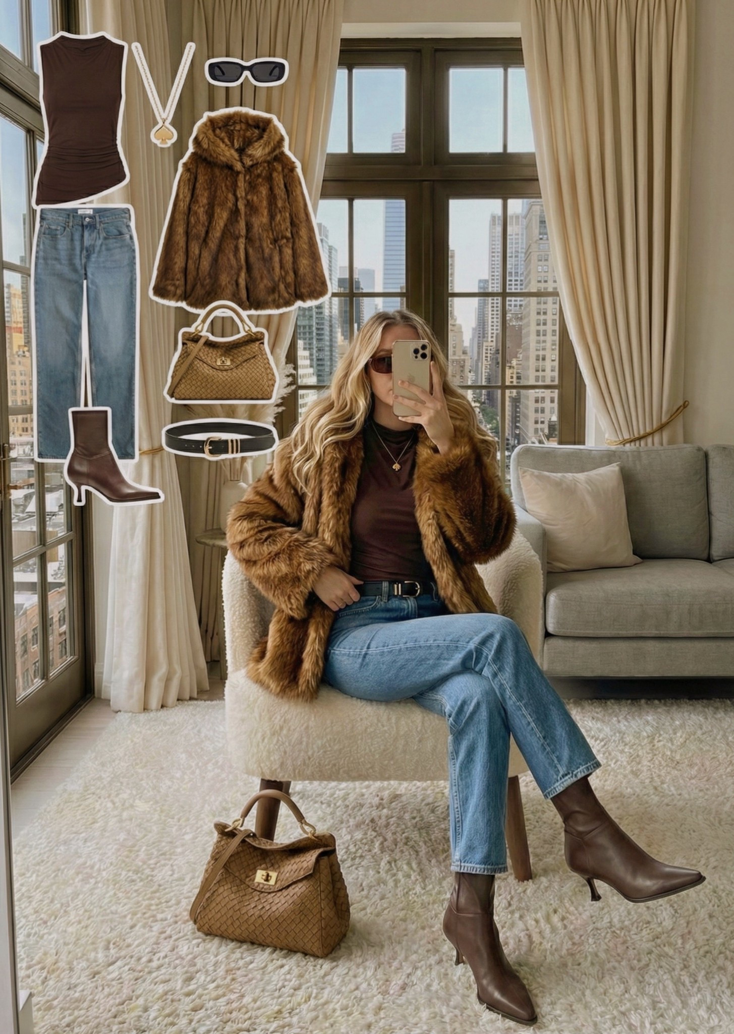 ✨ Luxe Winter Neutrals ✨

Warm textures and rich tones come together for a cold weather look that feels chic and elevated. The deep brown top creates a sleek base while the faux fur coat adds instant glamour and cozy volume. Straight leg denim keeps the outfit relaxed and balanced.

Slim heeled boots refine the silhouette and the woven bag brings beautiful texture that ties in perfectly with the warm caramel tones of the coat. Finished with dark sunglasses and a simple pendant for a polished winter city vibe.

🤎 Style Notes:
• Faux fur coat for luxe warmth
• Fitted brown top for a smooth layered base
• Classic straight leg denim for effortless structure
• Brown heeled boots for a sleek finish
• Textured woven handbag to complete the tonal palette

Everything linked and ready to shop ✨

#LTKgrwm #LTKSeasonal #LTKootd