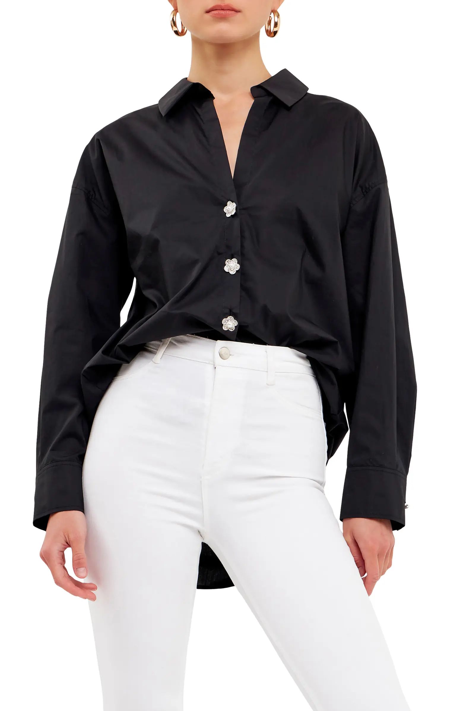 English Factory Imitation Pearl Button-Up Cotton Shirt | Nordstrom | Nordstrom