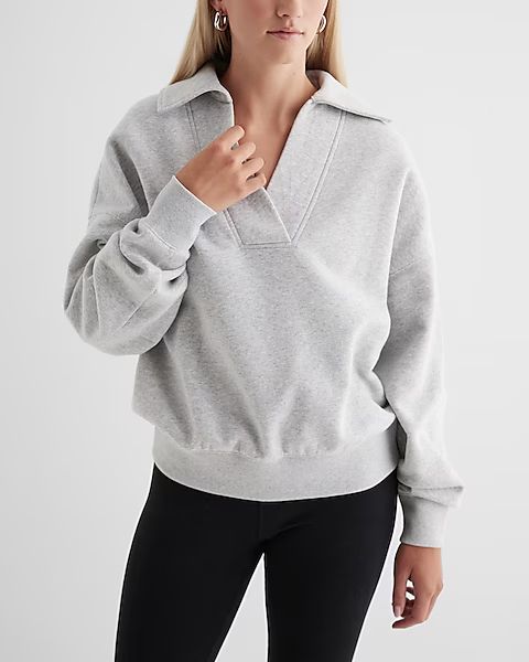 Relaxed V-Neck Fleece Polo Sweatshirt | Express
