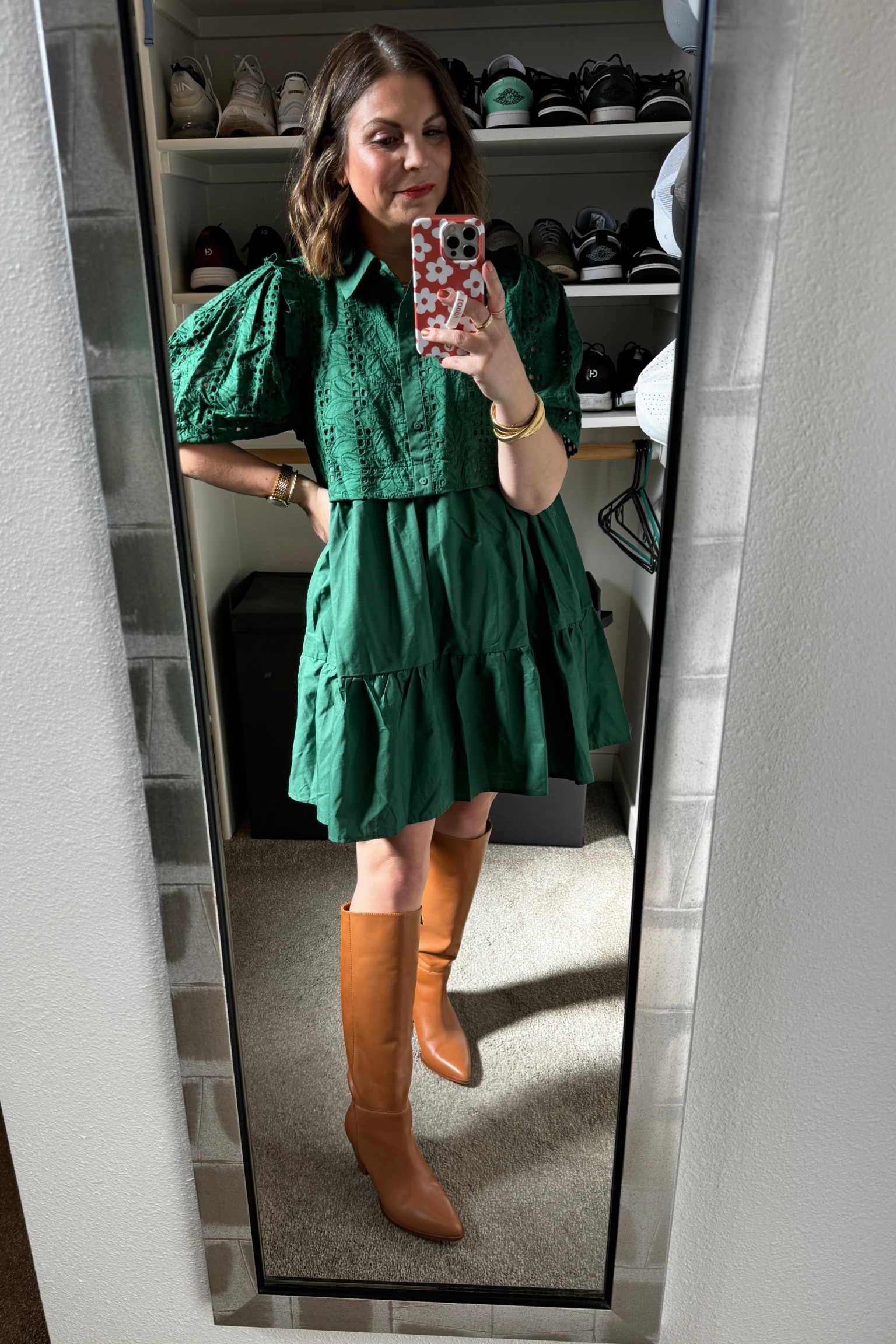 Dress is Emerson Charles, linked similar options. Went up a whole size to 8 in boots 