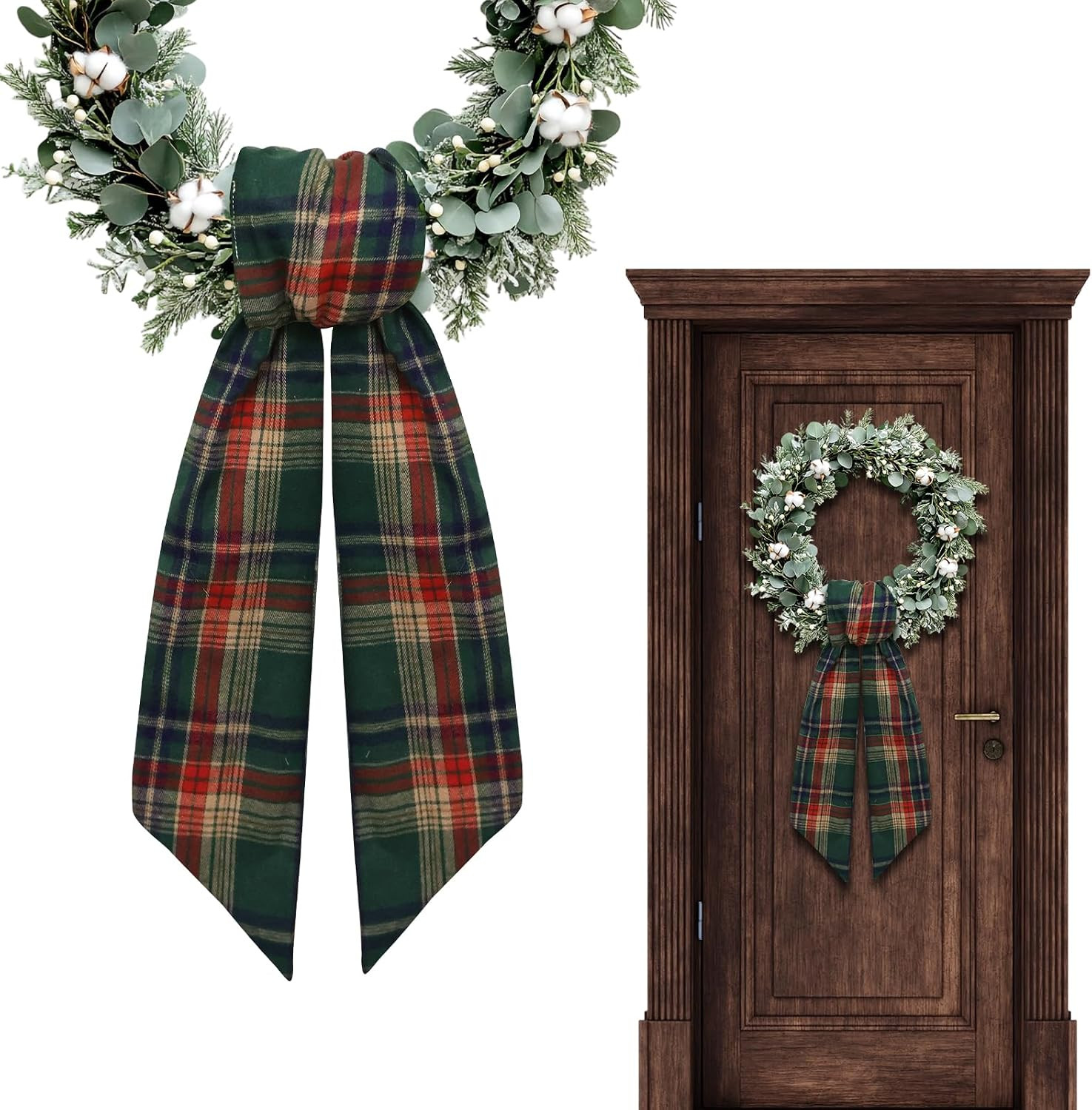 Christmas Wreath Sash for Front Door, Green Red Plaid Burlap Ribbon Sash Xmas Holiday Wreath Accessories for Thanksgiving New Year Decorations | Amazon (US)