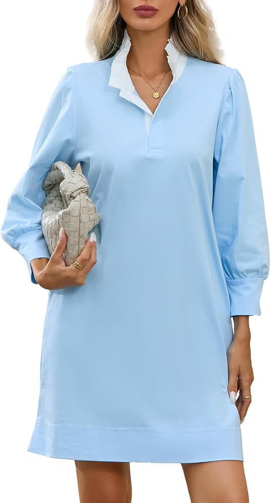 Ladyful Shift Dress for Women Color Block Ruffle Mock Neck Long Sleeve Shirtdress Elegant Mini Dr... | Amazon (US)
