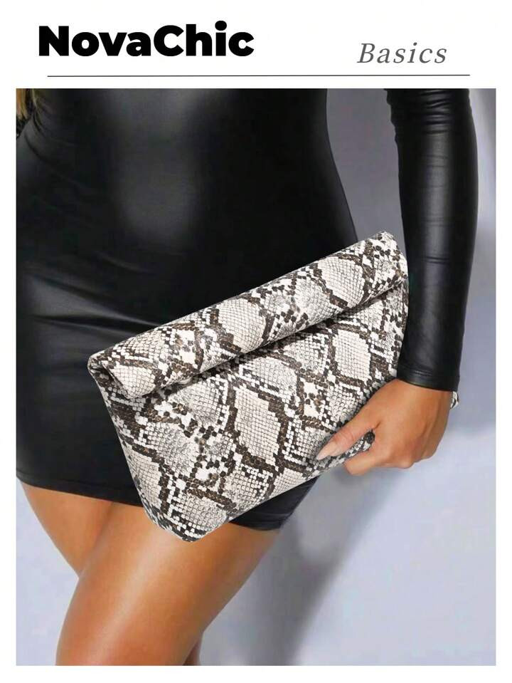 1pc Retro Snake Print Vintage & Minimalist Ladies Leisure Faux Woven Clutch Purse, Beaded Flap, P... | SHEIN
