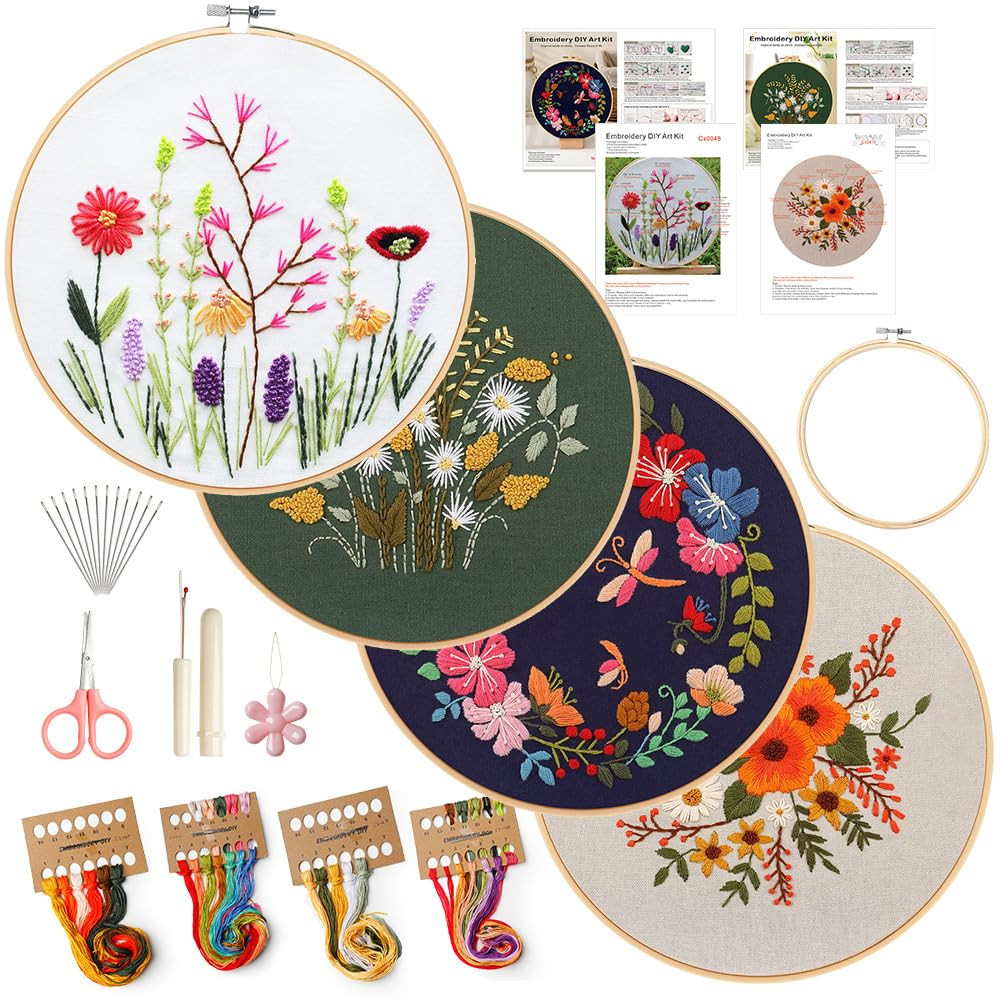4 Pack Embroidery Kit for Beginners,Adults DIY Starter Kit,Cross Stitching Kits with Flower Stamp... | Amazon (US)