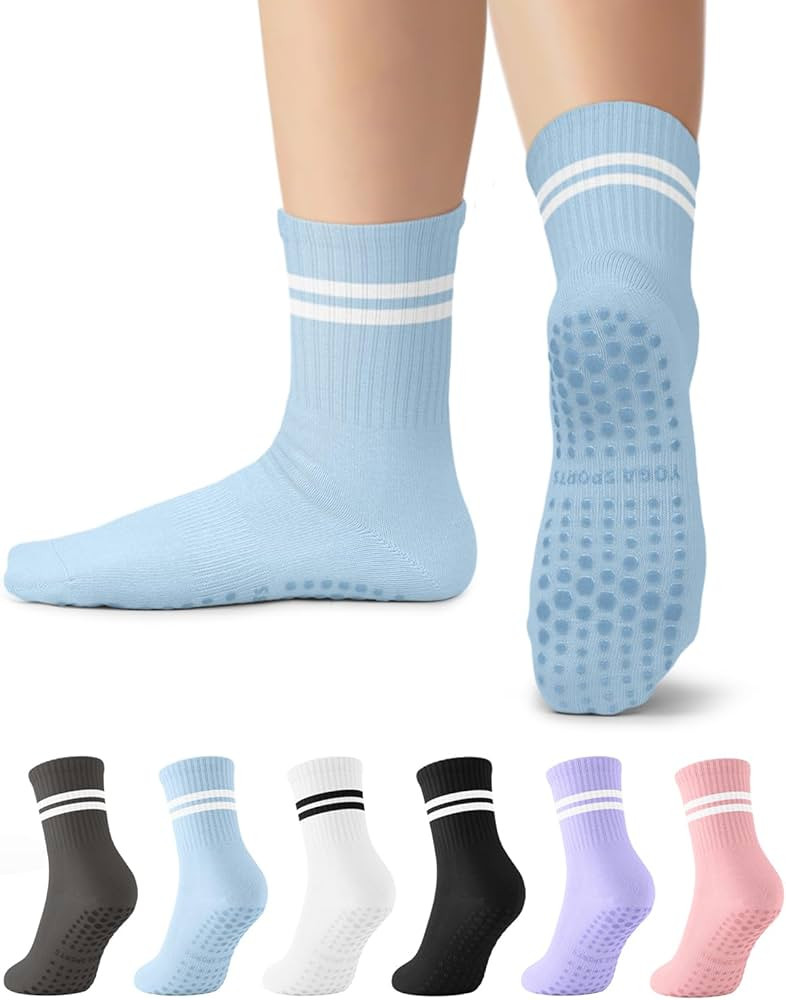 6 Pairs Pilates Socks with Grips for Women, Non Slip Yoga Crew Athletic Socks for Barre, Ballet, ... | Amazon (US)