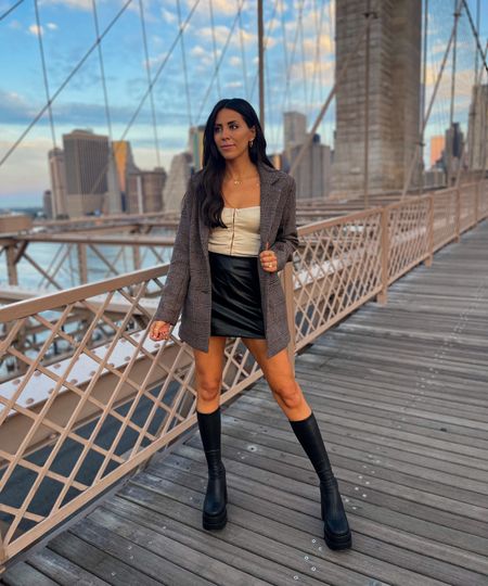 Edgy preppy street style— platform black Gogo boots with black leather skirt, cream corset, and oversized plaid blazer (wearing small in everything) #fallstyle #falloutfit #nycoutfit 

#LTKSeasonal #LTKstyletip #LTKshoecrush